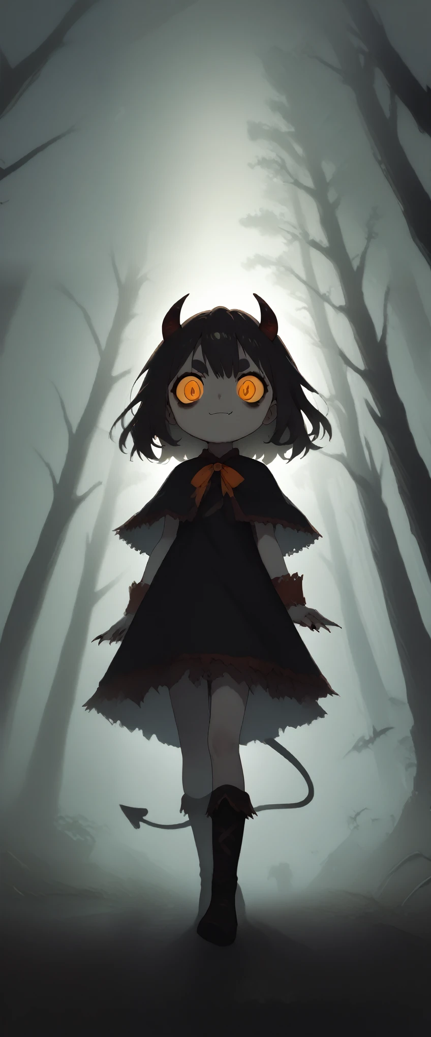 hzk,score_9, score_8_up, score_7_up, score_6_up, score_5_up, score_4_up ,(solo:1.7),1girl\((devil:1.7),cute,big eyes,white skin,pale skin,evil smile,long nail,orange eyes,(looking down:1.3),wearing capelet\((very big:1.5),(very long:1.3),(black),Tattered\), backlit, shadowed\), BREAK ,refreshing mood,(petals\(colorful,beautiful,in the air,(many)\):1.5),(dead trees), in the forest,(close-up of girl),beautiful moon