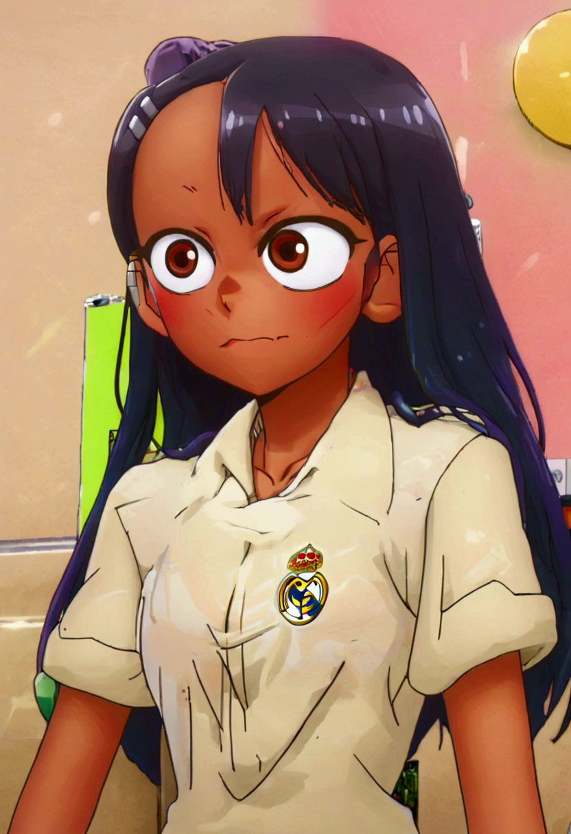 (best quality, Artwork),sexually,  erotic, 18+, NSFW, 1 girl, 1 , dressed in the Real Madrid shirt, nagatoro hayase , 4k image quality , buceta molhada 