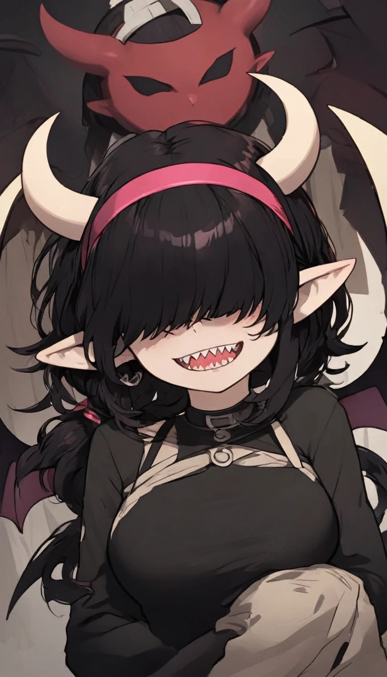 Rosto detalhado, grandes olhos, sharp teeth, hair over eyes, hairband, demon horns, demon wings, long hair, pointy ears, elf, black hair