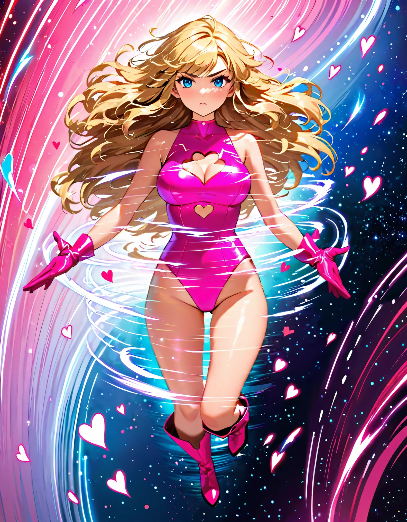 (masterpiece), (best quality), (high res), 1girl, solo, solo focus, superhero, gymnast leotard, competition swimsuit, bare legs, matching boots, sleeveless, looking at viewer, perfect hands, perfect eyes, perfect leotard, perfect legs, perfect arms, perfect fingers, medium breasts, pink leotard, (blonde hair), long hair, knee boots, blue eyes, ((heart cutout)), cute face, hair down, bangs, ahoge, sleeveless, pink gloves, pink footwear, (cleavage cutout), serious, full body with costume, cowboy shot, space backdrop. (T-pose, stand pose with legs close together). (spins fast in place like a tornado, whirls fast in place like a tornado, tornado whirling, (spiral lines around her, spinning energy pulse around her), storm winds around her, whirls into a tornado, (she whirls) in (super speeds)). full body costume design. curved sword slash. she super-spins. time travel, time warp.