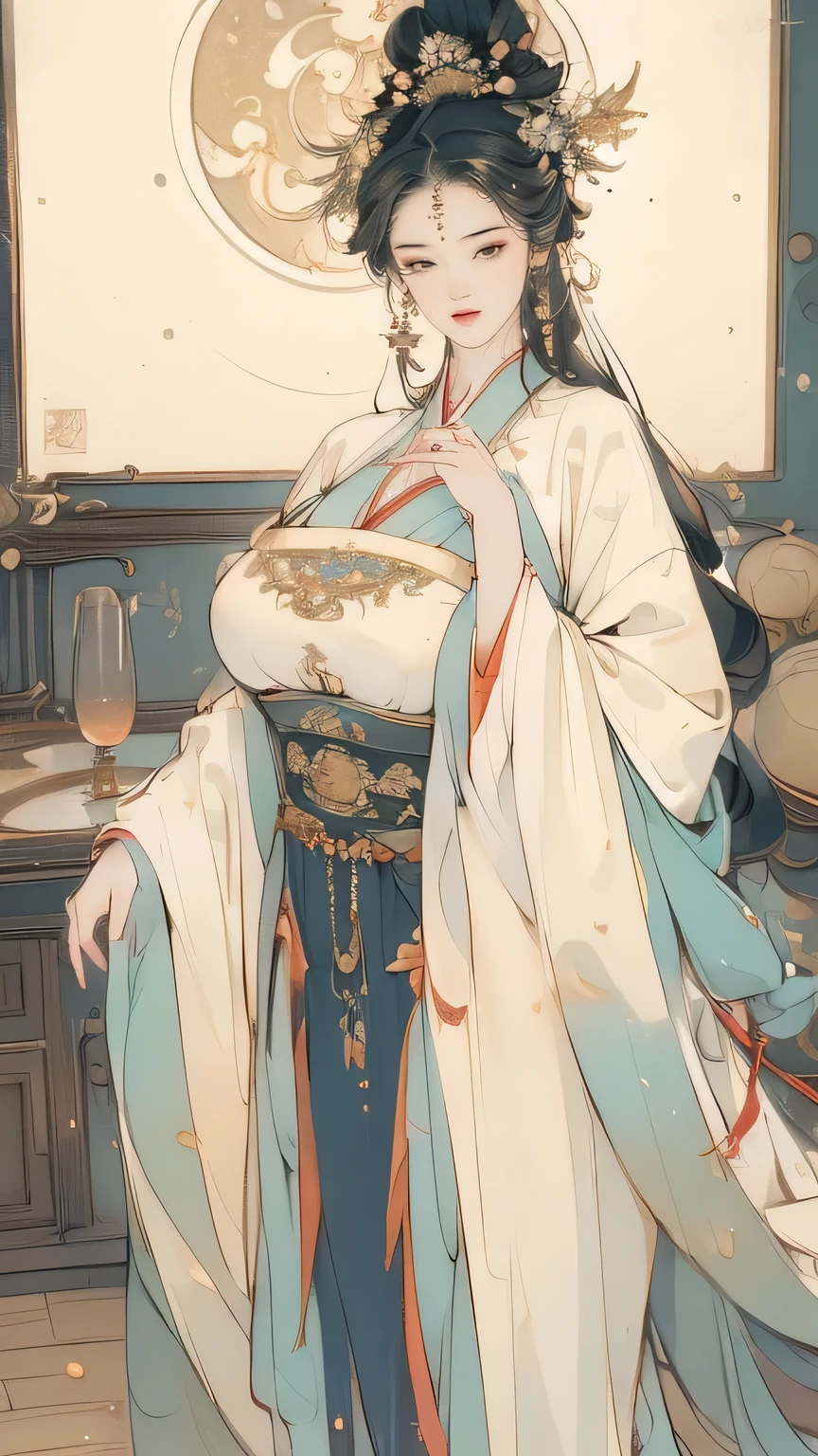 ((High Definition Traditional Chinese Ink Image, Hanfu)), Eyes real size, Huge breasts,plump butt,Smiling, ((spread legs, Stand astride and hit your crotch against the corner of the table)), ((pubic hair, Large areola, sex, Intense mating)), old fashion, open mouth,