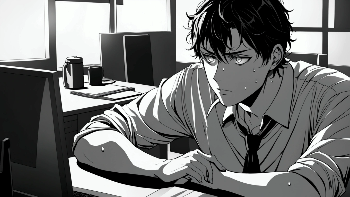 Create a black and white manga style image with the main character ...