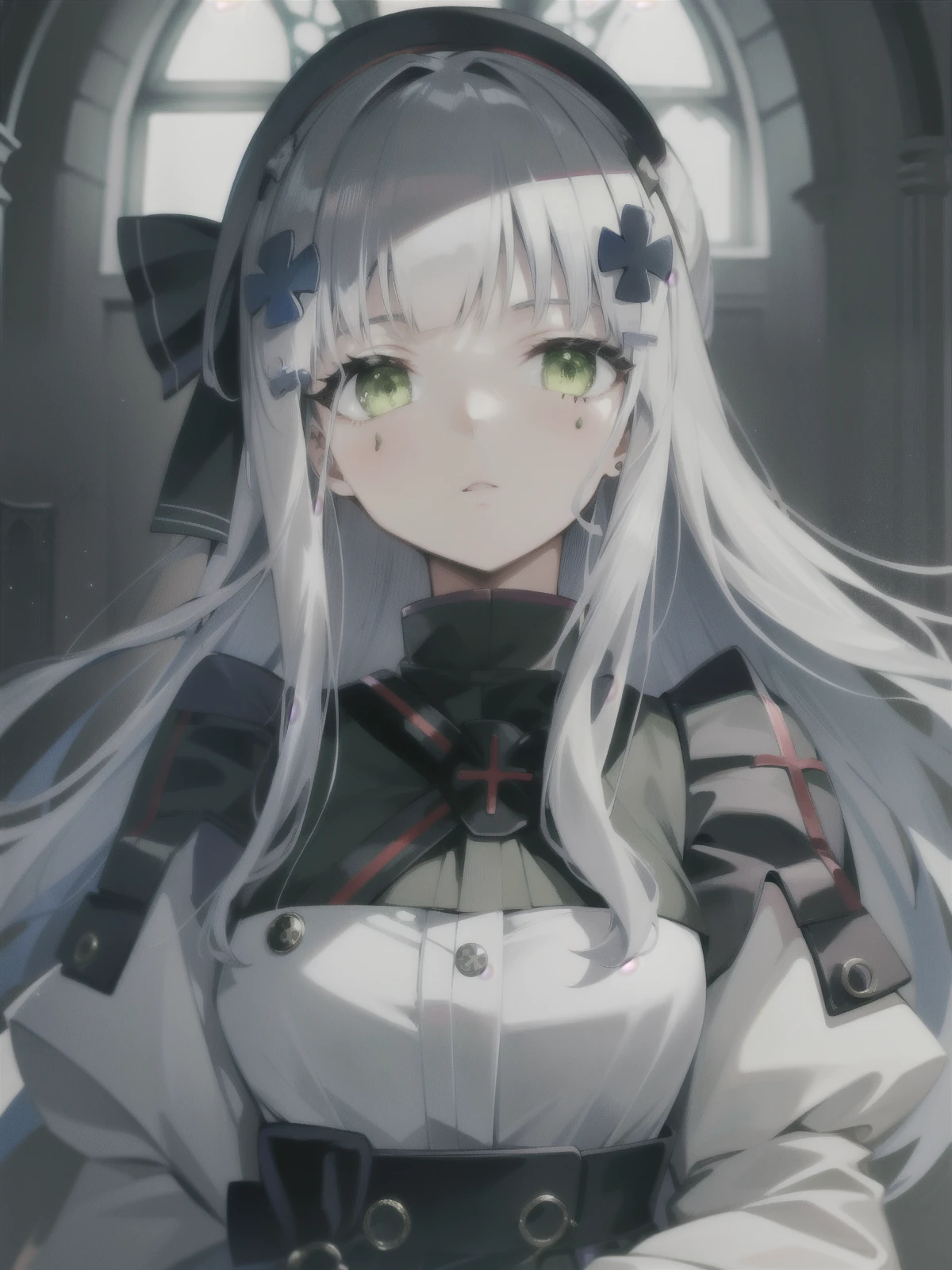 masterpiece, best quality, ultra-detailed, 1girl, solo, solo focus, HK416Mod, 416face, white hair, green eyes, gothic architecture, castle, ayami style,