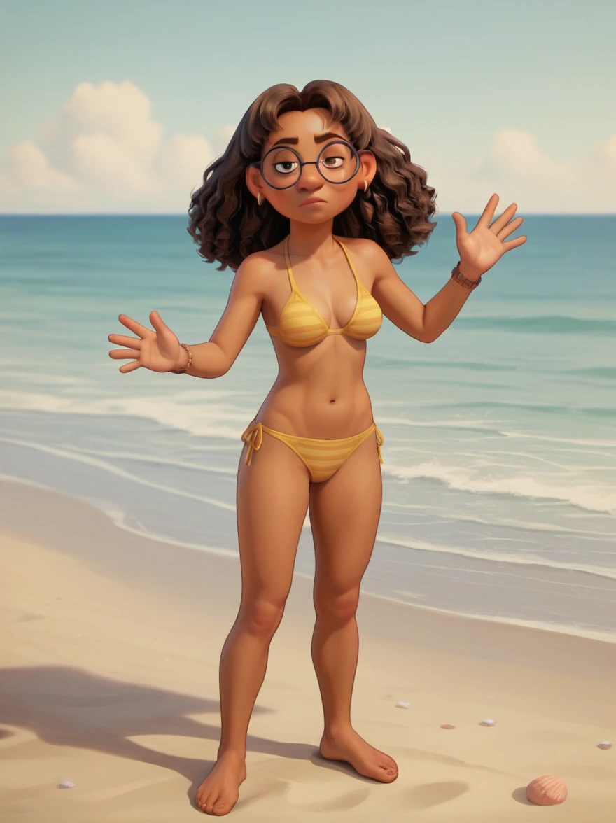 Priya Mangal 

P_m, (((1 girl))), dark skin, brown hair, wavy hair, brown eyes, glasses, earrings,  ,

yellow bikini with stripes
serious expression,

score_9, score_8_up, score_7_up,

((( beach ))) ,

medium breasts, open legs, topless,
(((full body))), looking at viewer, waving,