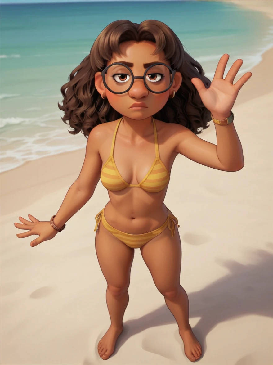 Priya Mangal 

P_m, (((1 girl))), dark skin, brown hair, wavy hair, brown eyes, glasses, earrings,  ,

yellow bikini with stripes
serious expression,

score_9, score_8_up, score_7_up,

((( beach ))) ,

medium breasts, open legs, topless,
(((full body))), looking at viewer, waving,