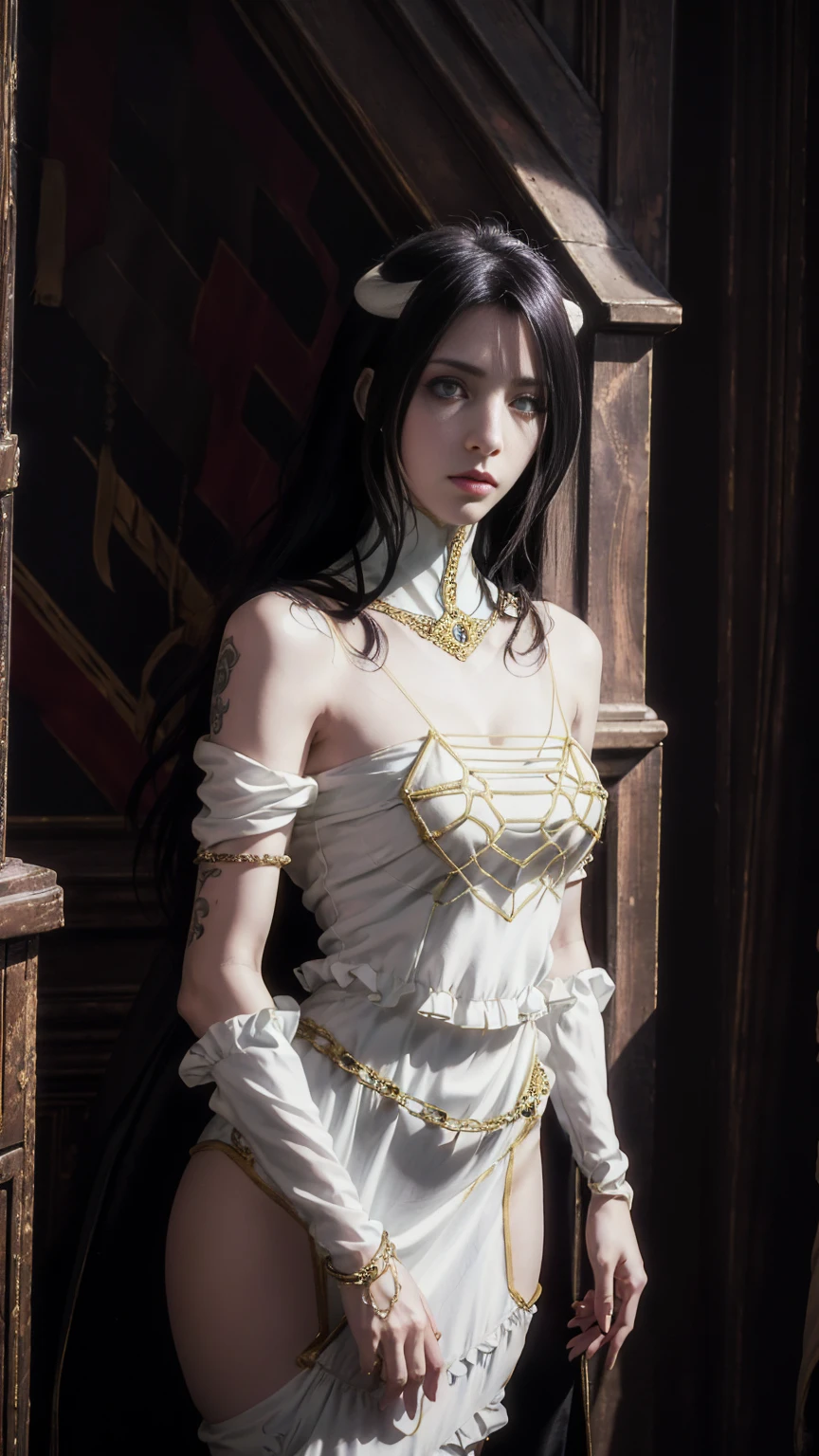 Gothic style photorealistic, 1girl, (Unreal tattoo), long hair, witch hair, solo, navel, detailed eyes, jewelry, bracelet, choker, small breasts, looking at viewer, realistic, necklace, (((white clothing))), short mini skirt, bare shoulders, thigh highs, mesh cape, Dark, mysterious, haunting, dramatic, ornate, detailed,