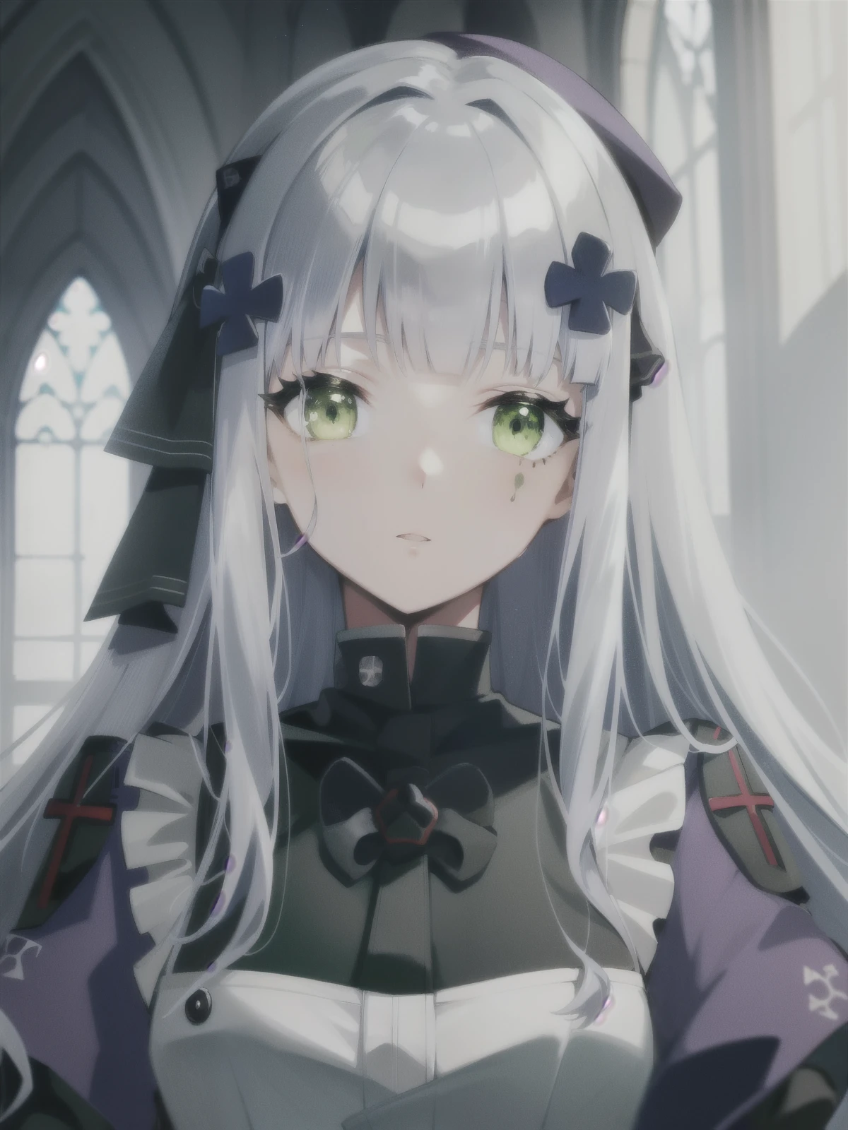 masterpiece, best quality, ultra-detailed, 1girl, solo, solo focus, HK416Mod, 416face, white hair, green eyes, gothic architecture, castle, ayami style,