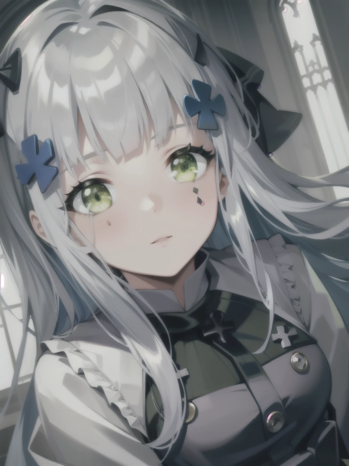 masterpiece, best quality, ultra-detailed, 1girl, solo, solo focus, HK416Mod, 416face, white hair, green eyes, gothic architecture, castle, ayami style,