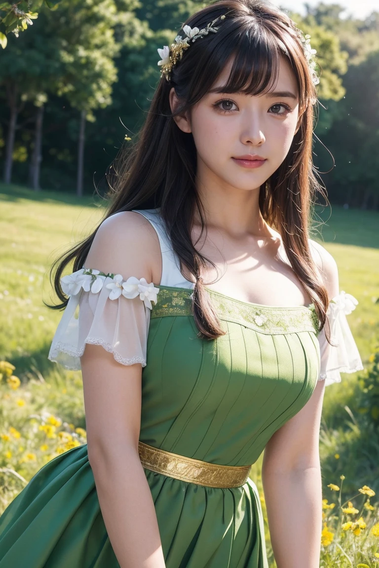 Medium display, Medium Shot, Written boundary depth, bust, whole body, Movie angle, masterpiece, Highest quality, Very detailed, CG, 8k wallpaper, Beautiful Face, Delicate eyes, Otome, alone, smile, bangs, skirt, shirt, have, Lime green dress with gold trim, Flower field background