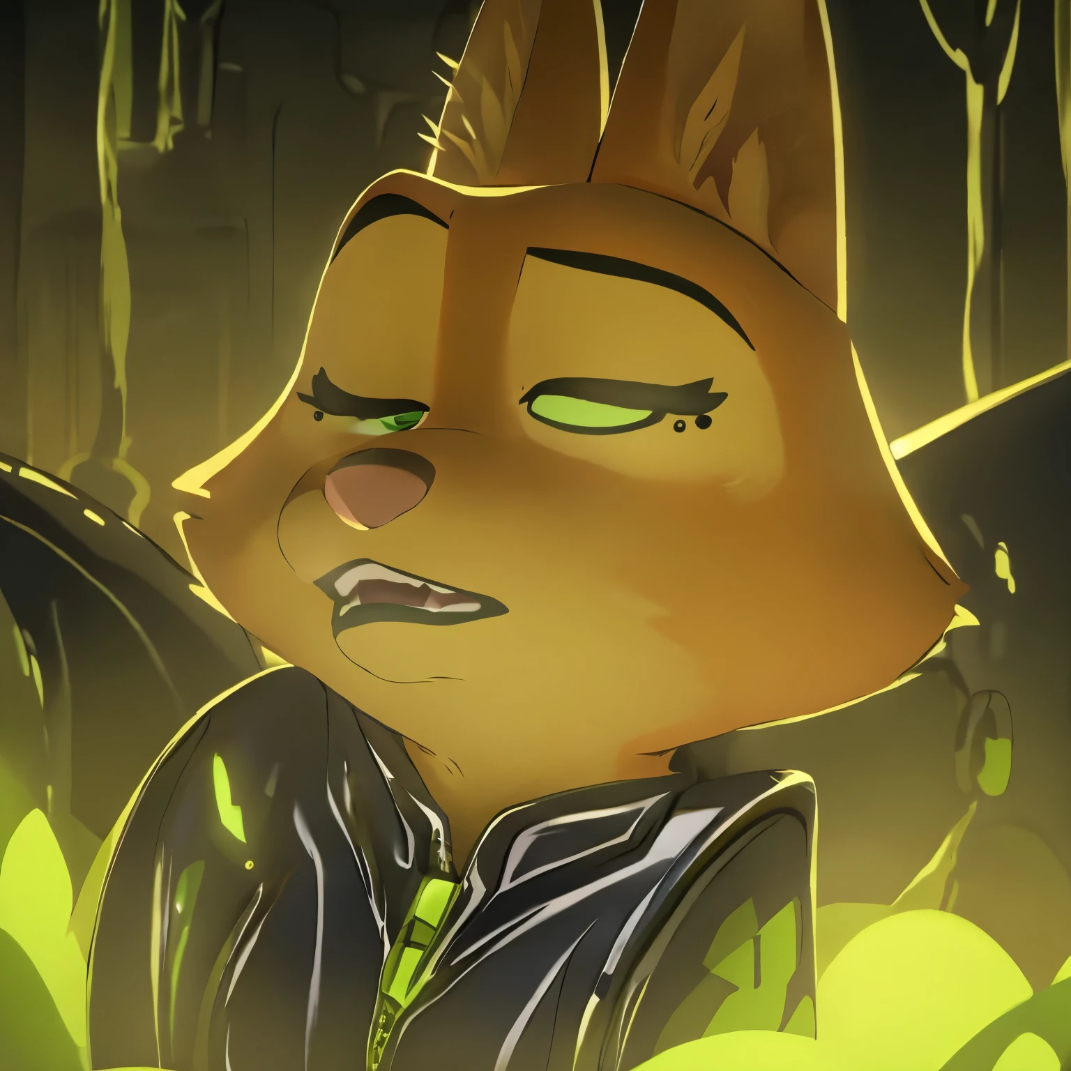 Diane Foxington, anthro fox; orange fur, fox tail, (beautiful green gradient eyes), no shirt, black short bra only), (tight spandex black pants yellow lines), ((black boots)), (eye piercing; LEFT eye)}, tied up, Huge Cheek Bulge, Half-Closed Eye, Holding Breath, Closed Mouth, Closed Eyes, Puckered Lips,  green poison gas, toxic fumes, detailed fur, Light Blush, Cheek Bulge, Cheek Bulge, Cheek Bulge, Cheek Bulge, Cheek Bulge, Cheek Bulge, Cheek Bulge, dark warehouse interior, green gas everywhere, almost naked, Pout, bloated ball shaped inflated face cheeks, 