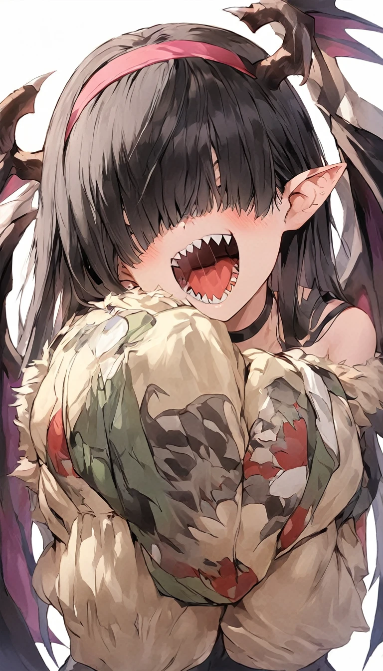 Rosto detalhado, grandes olhos, sharp teeth, hair over eyes, hairband, demon horns, demon wings, long hair, pointy ears, elf, black hair, corpo inteiro 