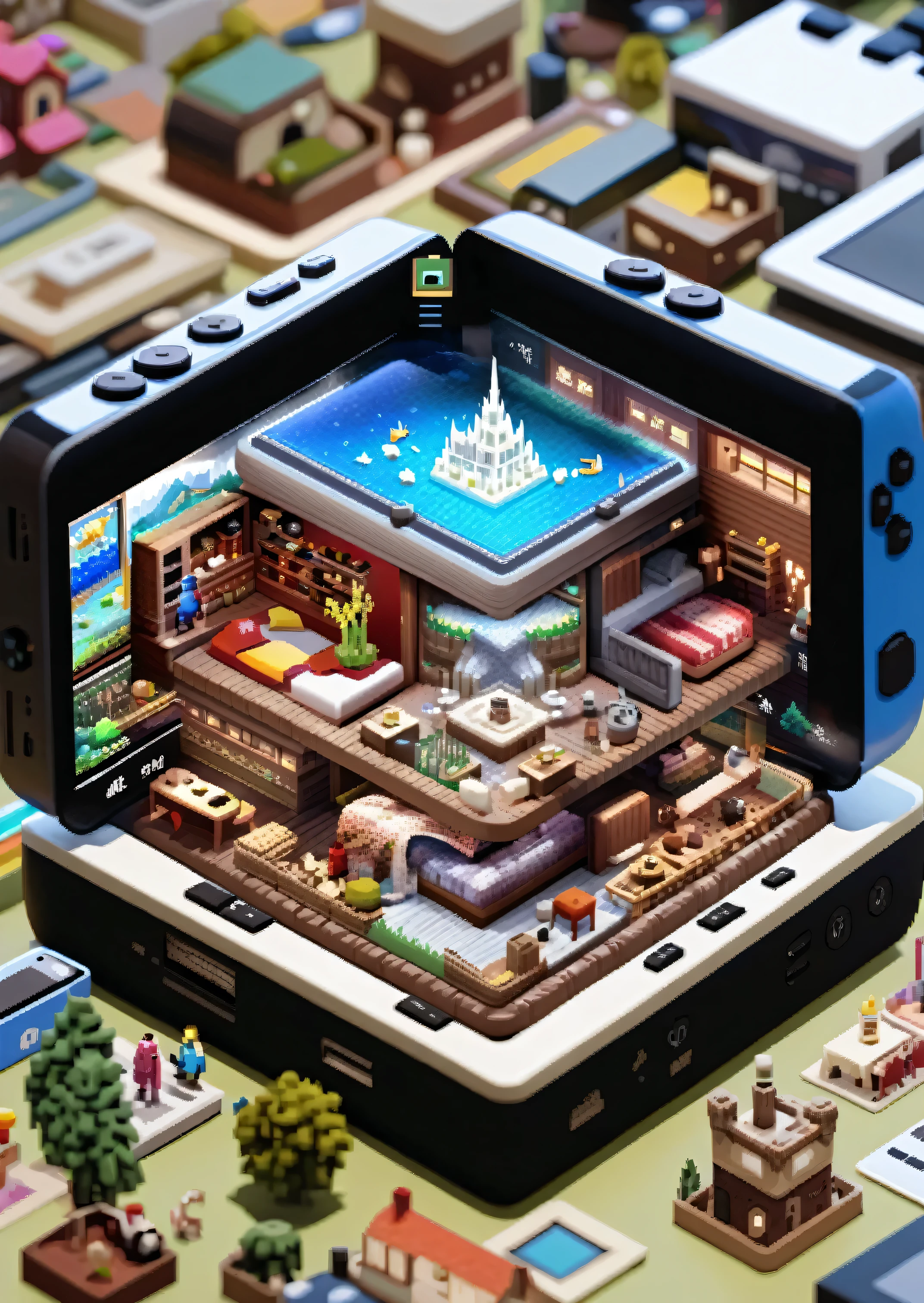 8k ultra high definition house model in miniature , in handheld game consoles, Pixels make up a virtual kingdom,Digital characters embark on an epic adventure. , Very detailed, photomicrograph, Photo realism