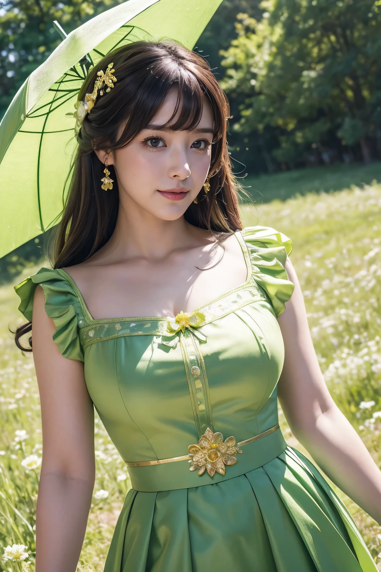 Medium display, Medium Shot, Written boundary depth, bust, whole body, Movie angle, masterpiece, Highest quality, Very detailed, CG, 8k wallpaper, Beautiful Face, Delicate eyes, Otome, alone, smile, bangs, skirt, shirt, have, Lime green dress with gold trim, Flower field background