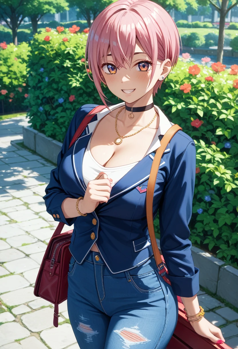 (Highest quality, 4K, 8k, High resolution, masterpiece:1.2), Very detailed, Picturesque, Anime style photo, Photo Anime:1.37)、a beautiful japanese girl、gyaru、pink hair、pixie cut、black choker、pierce、necklace、bracelet、nakano ichika