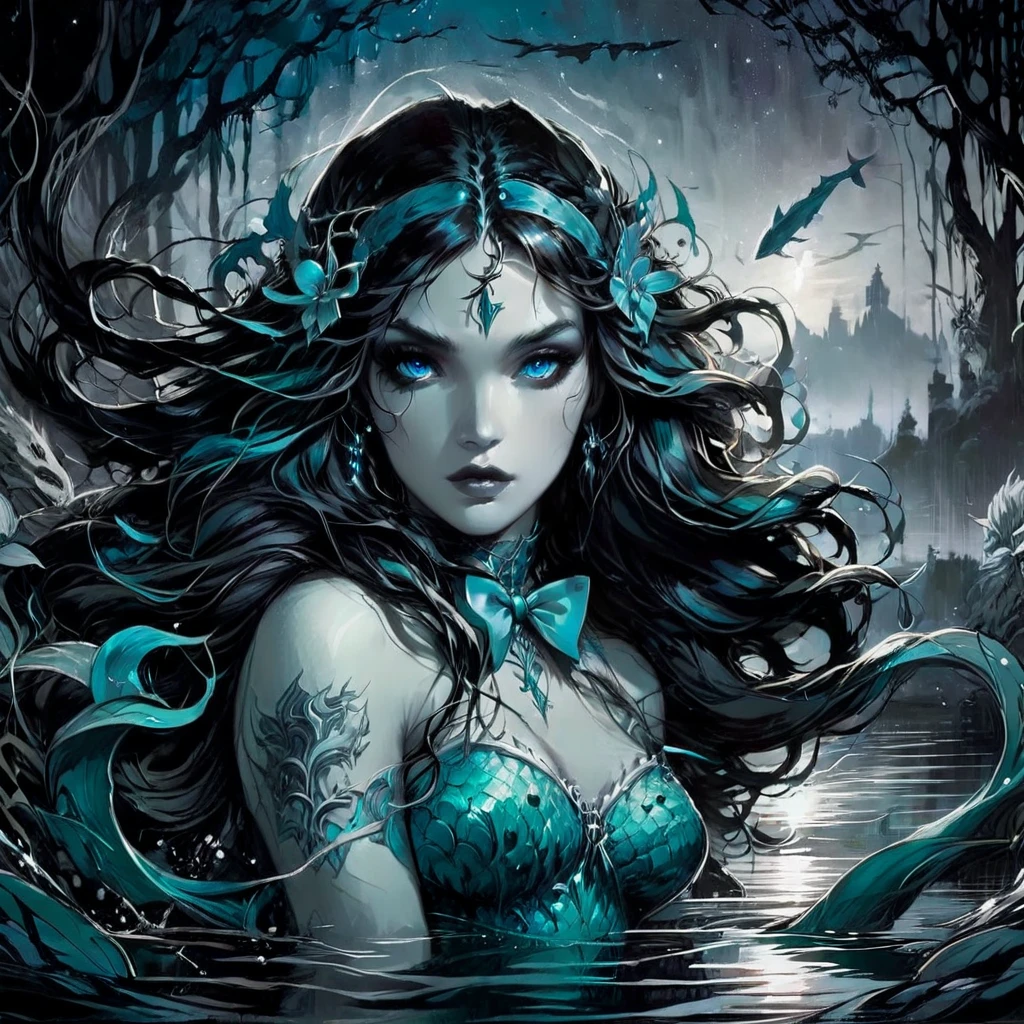 a mermaid ,expressive eyes, very long hair lagoon color, tattoo on a large part of the body ,armed with a bow, in the center of a lake night time in background, detail richness, masterpiece, best quality, painting style