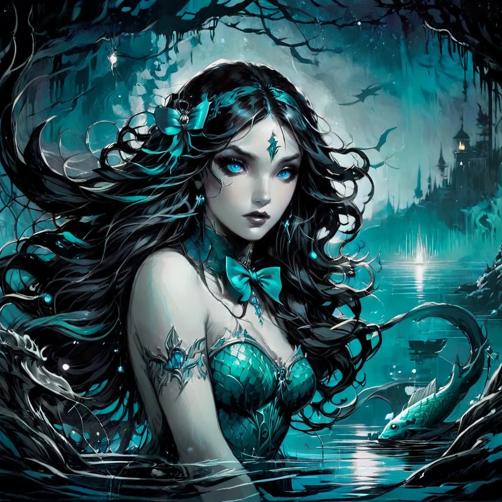 a mermaid ,expressive eyes, very long hair lagoon color, tattoo on a large part of the body ,armed with a bow, in the center of a lake night time in background, detail richness, masterpiece, best quality, painting style