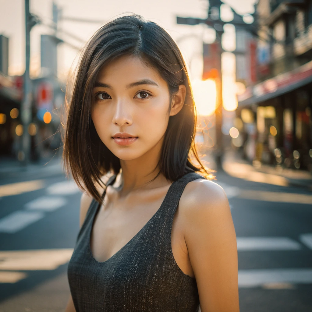 A hyper-realistic image of a single Japanese woman in her early 20s, captured from the shoulders up with the nostalgic warmth and subtle graininess of a film camera. She stands against the backdrop of a bustling city street, where soft, diffused natural light filters through buildings, casting intricate patterns of light and shadow across her face and shoulders. Her skin has a warm beige tone with a textured, realistic appearance, showing visible pores, fine lines, and natural imperfections like slight unevenness and small blemishes, adding to the authenticity of her appearance. Her straight, glossy black hair is slightly tousled, falling naturally around her shoulders, with strands catching the light. Her deep brown eyes reflect the ambient city lights, adding depth and emotion, while areas of her face are gently shadowed, highlighting the natural contours of her cheeks and jawline. The film camera effect introduces a slight grain and a softer focus, blending her figure into the warm, nostalgic urban atmosphere while maintaining the realistic texture of her skin. She is wearing a light, sleeveless summer top, with bare shoulders that subtly catch the natural light, emphasizing the season's warmth and her understated elegance. The interplay of light and shadow on her face and shoulders creates a dynamic, lifelike effect, making the image feel both authentic and captivating.