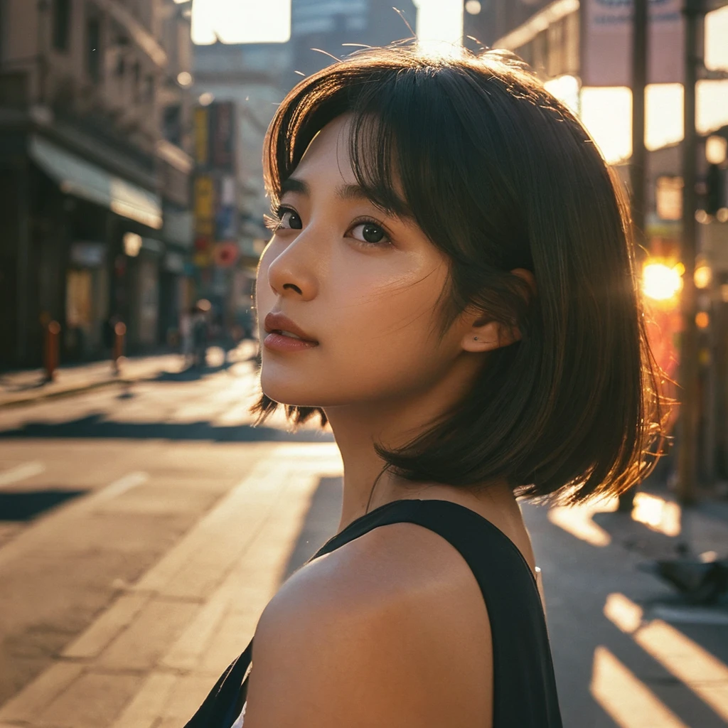 A hyper-realistic image of a single Japanese woman in her early 20s, captured from the shoulders up with the nostalgic warmth and subtle graininess of a film camera. She stands against the backdrop of a bustling city street, where soft, diffused natural light filters through buildings, casting intricate patterns of light and shadow across her face and shoulders. Her skin has a warm beige tone with a textured, realistic appearance, showing visible pores, fine lines, and natural imperfections like slight unevenness and small blemishes, adding to the authenticity of her appearance. Her straight, glossy black hair is slightly tousled, falling naturally around her shoulders, with strands catching the light. Her deep brown eyes reflect the ambient city lights, adding depth and emotion, while areas of her face are gently shadowed, highlighting the natural contours of her cheeks and jawline. The film camera effect introduces a slight grain and a softer focus, blending her figure into the warm, nostalgic urban atmosphere while maintaining the realistic texture of her skin. She is wearing a light, sleeveless summer top, with bare shoulders that subtly catch the natural light, emphasizing the season's warmth and her understated elegance. The interplay of light and shadow on her face and shoulders creates a dynamic, lifelike effect, making the image feel both authentic and captivating.