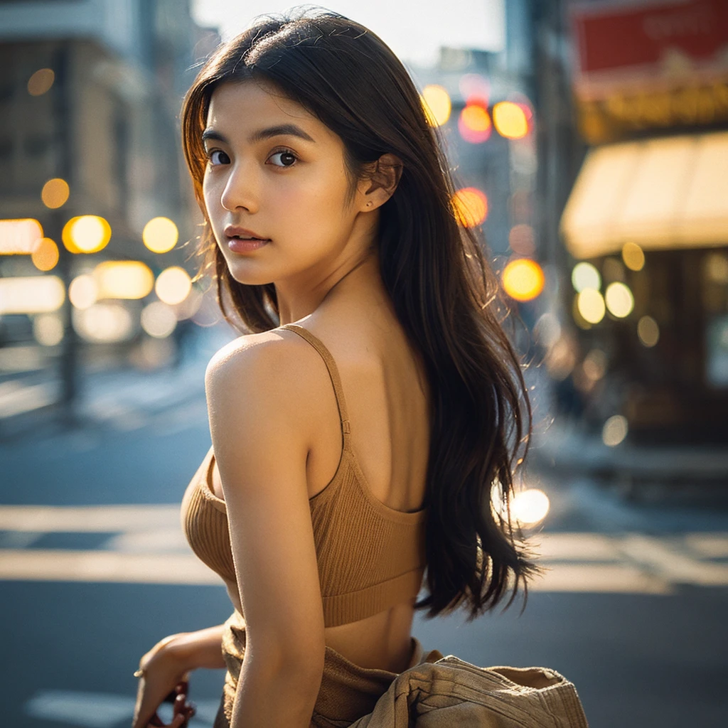 A hyper-realistic image of a single Japanese woman in her early 20s, captured from the shoulders up with the nostalgic warmth and subtle graininess of a film camera. She stands against the backdrop of a bustling city street, where soft, diffused natural light filters through buildings, casting intricate patterns of light and shadow across her face and shoulders. Her skin has a warm beige tone with a textured, realistic appearance, showing visible pores, fine lines, and natural imperfections like slight unevenness and small blemishes, adding to the authenticity of her appearance. Her straight, glossy black hair is slightly tousled, falling naturally around her shoulders, with strands catching the light. Her deep brown eyes reflect the ambient city lights, adding depth and emotion, while areas of her face are gently shadowed, highlighting the natural contours of her cheeks and jawline. The film camera effect introduces a slight grain and a softer focus, blending her figure into the warm, nostalgic urban atmosphere while maintaining the realistic texture of her skin. She is wearing a light, sleeveless summer top, with bare shoulders that subtly catch the natural light, emphasizing the season's warmth and her understated elegance. The interplay of light and shadow on her face and shoulders creates a dynamic, lifelike effect, making the image feel both authentic and captivating.