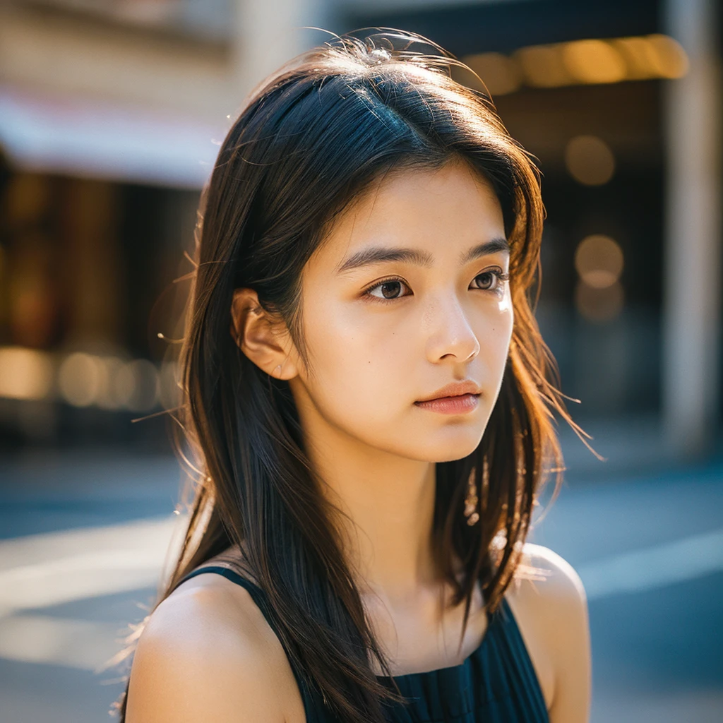 A hyper-realistic image of a single Japanese woman in her early 20s, captured from the shoulders up with the nostalgic warmth and subtle graininess of a film camera. She stands against the backdrop of a bustling city street, where soft, diffused natural light filters through buildings, casting intricate patterns of light and shadow across her face and shoulders. Her skin has a warm beige tone with a textured, realistic appearance, showing visible pores, fine lines, and natural imperfections like slight unevenness and small blemishes, adding to the authenticity of her appearance. Her straight, glossy black hair is slightly tousled, falling naturally around her shoulders, with strands catching the light. Her deep brown eyes reflect the ambient city lights, adding depth and emotion, while areas of her face are gently shadowed, highlighting the natural contours of her cheeks and jawline. The film camera effect introduces a slight grain and a softer focus, blending her figure into the warm, nostalgic urban atmosphere while maintaining the realistic texture of her skin. She is wearing a light, sleeveless summer top, with bare shoulders that subtly catch the natural light, emphasizing the season's warmth and her understated elegance. The interplay of light and shadow on her face and shoulders creates a dynamic, lifelike effect, making the image feel both authentic and captivating.