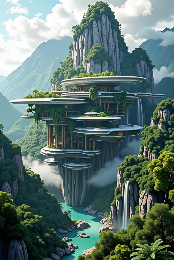 Futuristic floating city on top of a mountain with Brazilian vegetation ...