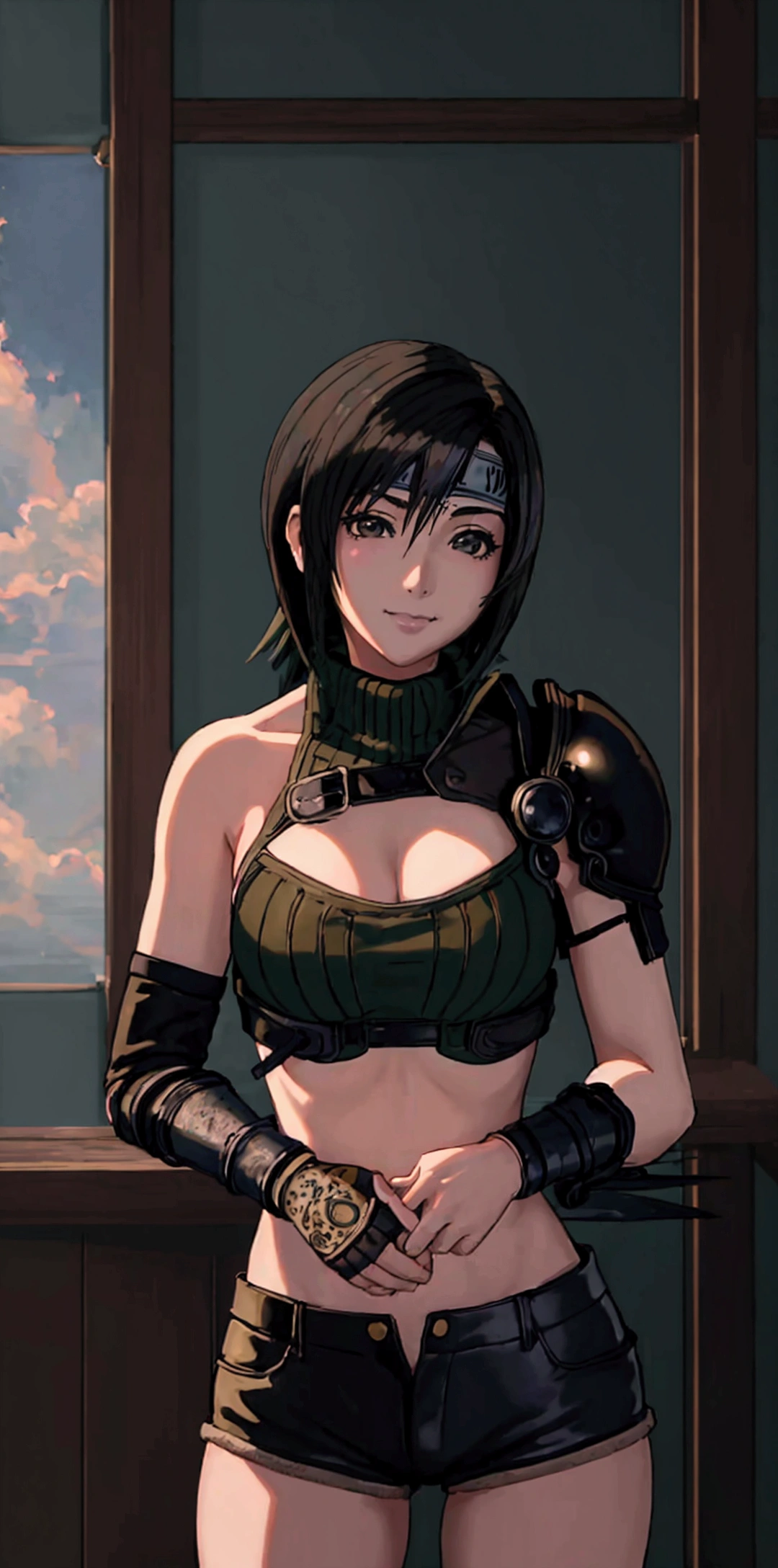 (((masterpiece))),((Highest quality、masterpiece、anime style、best quality、high resolution、8k、detailed、ultra-detailed:1.3)),Beautiful woman,((yuffie kisaragi,Black Hair、Shortcuts:1.3)), headband, green crop top, shoulder armor, armguard, fingerless gloves, tan shorts, single thighhigh, fishnets, upper body, looking at viewer, furrowed brow, smug smile, closed mouth, grass, bamboo, sky,sexy pose