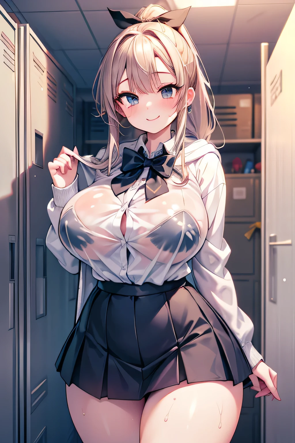 Anime illustration、High resolution、smile、A busty, chubby, lewd high school girl shows off her sexuality in a locker room while wearing a hoodie over her dress shirt、Ponytail Hair、Bow ribbon tie、Navy blue mini skirt、Clothes are wet and see-through、Perfect proportions、Cowboy Shot、Plump thighs、Sharp Eyes、Sweaty