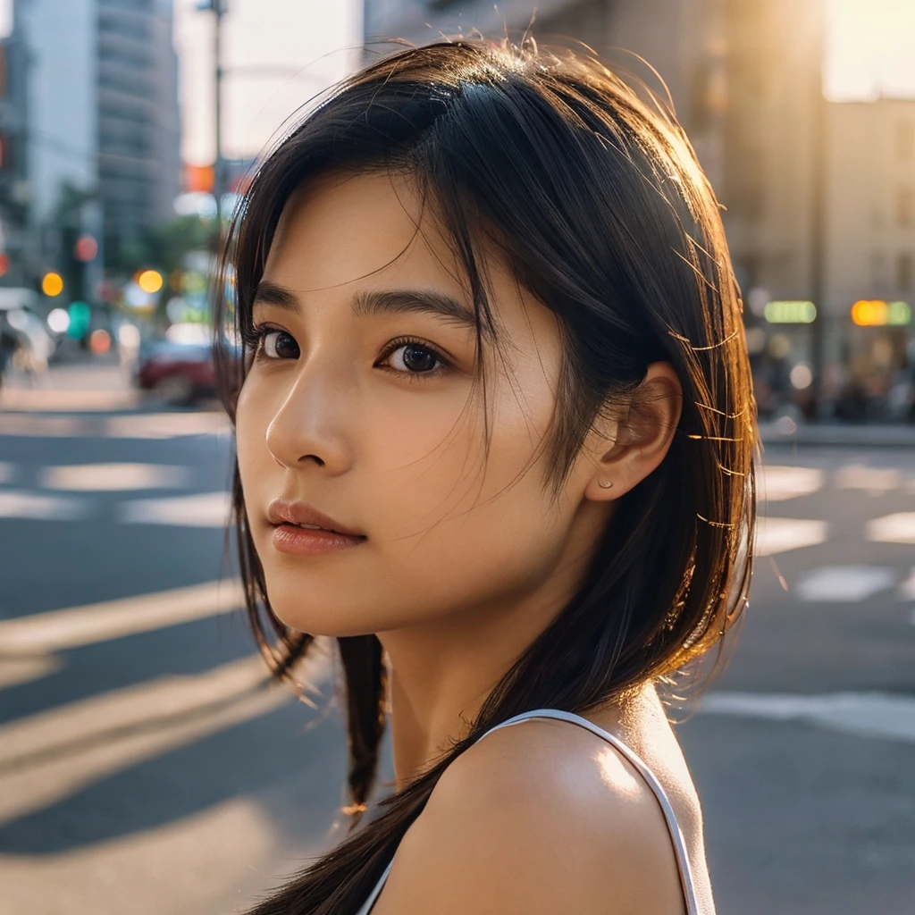 A hyper-realistic image of a single Japanese woman in her early 20s, captured from the shoulders up with the nostalgic warmth and subtle graininess of a film camera. She stands against the backdrop of a bustling city street, where soft, diffused natural light filters through buildings, casting intricate patterns of light and shadow across her face and shoulders. Her skin has a warm beige tone with a textured, realistic appearance, showing visible pores, fine lines, and natural imperfections like slight unevenness and small blemishes, adding to the authenticity of her appearance. Her straight, glossy black hair is slightly tousled, falling naturally around her shoulders, with strands catching the light. Her deep brown eyes reflect the ambient city lights, adding depth and emotion, while areas of her face are gently shadowed, highlighting the natural contours of her cheeks and jawline. The film camera effect introduces a slight grain and a softer focus, blending her figure into the warm, nostalgic urban atmosphere while maintaining the realistic texture of her skin. She is wearing a light, sleeveless summer top, with bare shoulders that subtly catch the natural light, emphasizing the season's warmth and her understated elegance. The interplay of light and shadow on her face and shoulders creates a dynamic, lifelike effect, making the image feel both authentic and captivating.