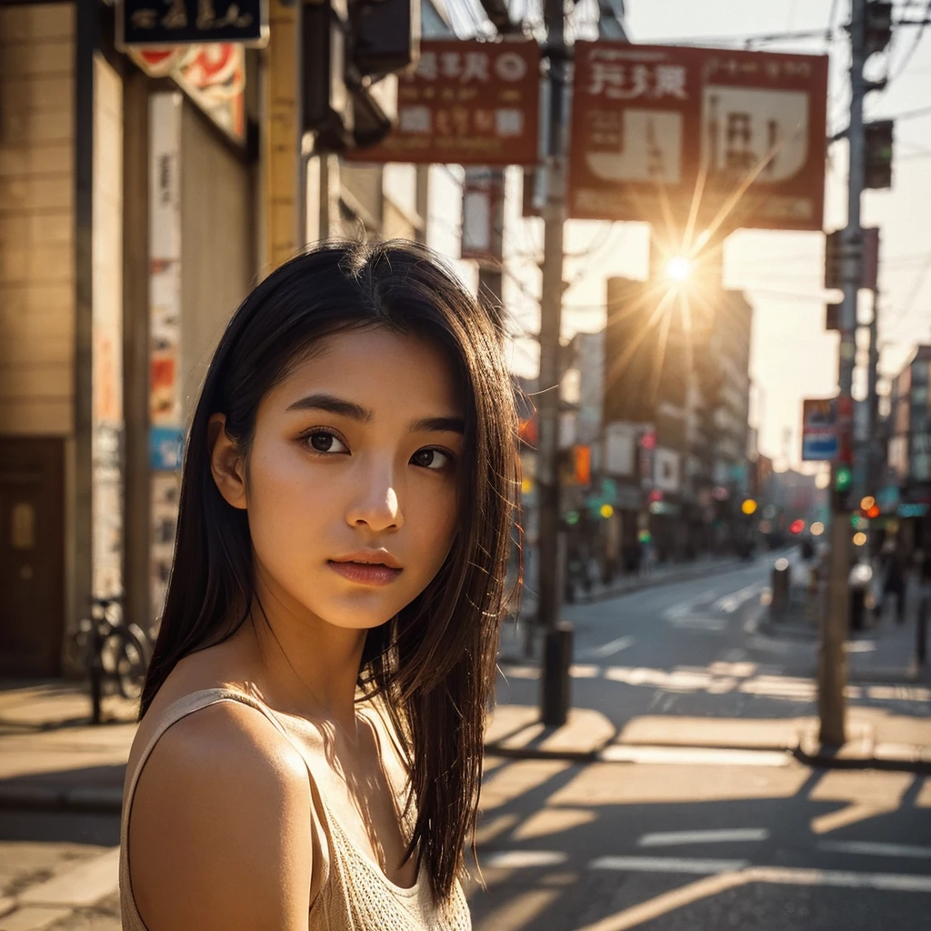 A hyper-realistic image of a single Japanese woman in her early 20s, captured from the shoulders up with the nostalgic warmth and subtle graininess of a film camera. She stands against the backdrop of a bustling city street, where soft, diffused natural light filters through buildings, casting intricate patterns of light and shadow across her face and shoulders. Her skin has a warm beige tone with a textured, realistic appearance, showing visible pores, fine lines, and natural imperfections like slight unevenness and small blemishes, adding to the authenticity of her appearance. Her straight, glossy black hair is slightly tousled, falling naturally around her shoulders, with strands catching the light. Her deep brown eyes reflect the ambient city lights, adding depth and emotion, while areas of her face are gently shadowed, highlighting the natural contours of her cheeks and jawline. The film camera effect introduces a slight grain and a softer focus, blending her figure into the warm, nostalgic urban atmosphere while maintaining the realistic texture of her skin. She is wearing a light, sleeveless summer top, with bare shoulders that subtly catch the natural light, emphasizing the season's warmth and her understated elegance. The interplay of light and shadow on her face and shoulders creates a dynamic, lifelike effect, making the image feel both authentic and captivating.