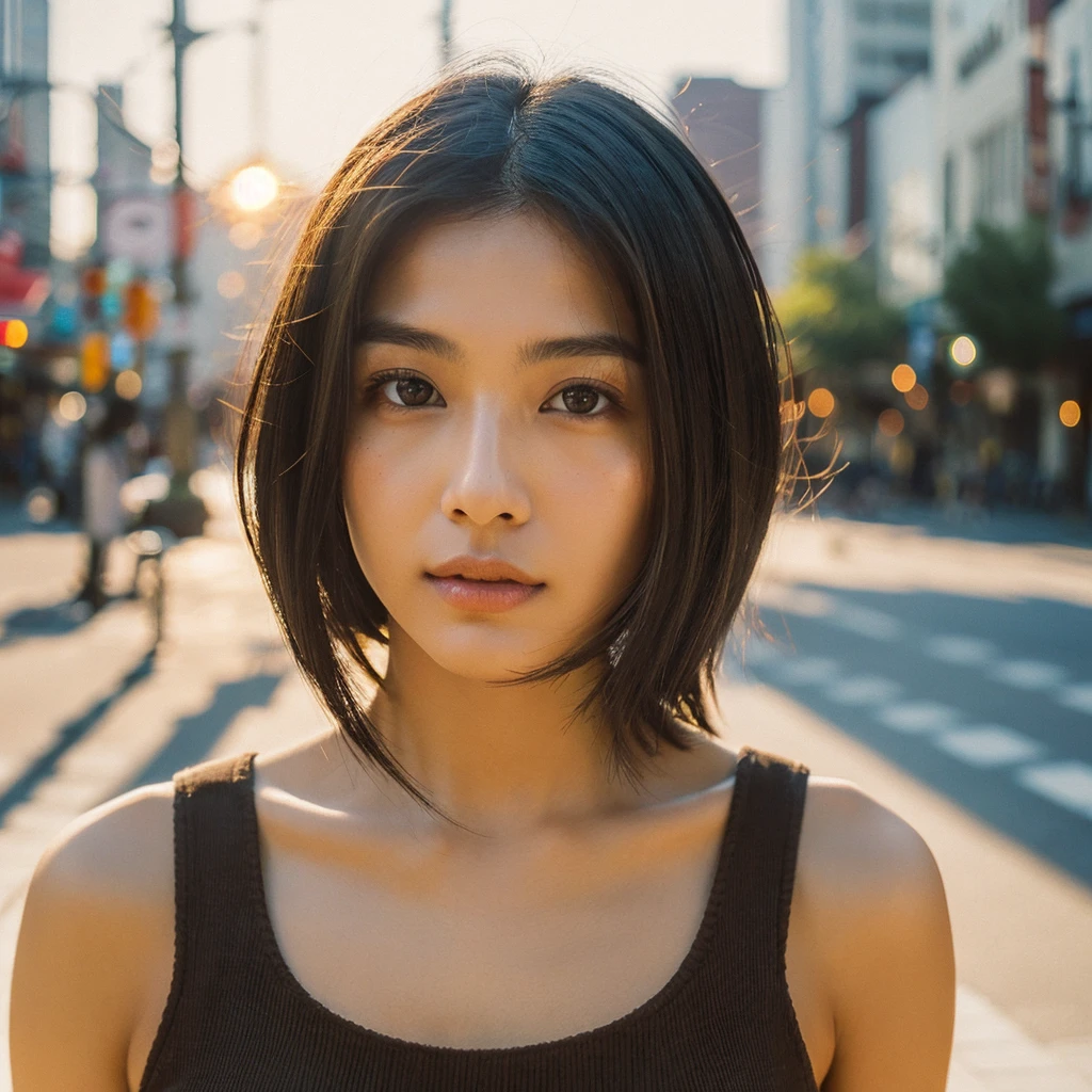 A hyper-realistic image of a single Japanese woman in her early 20s, captured from the shoulders up with the nostalgic warmth and subtle graininess of a film camera. She stands against the backdrop of a bustling city street, where soft, diffused natural light filters through buildings, casting intricate patterns of light and shadow across her face and shoulders. Her skin has a warm beige tone with a textured, realistic appearance, showing visible pores, fine lines, and natural imperfections like slight unevenness and small blemishes, adding to the authenticity of her appearance. Her straight, glossy black hair is slightly tousled, falling naturally around her shoulders, with strands catching the light. Her deep brown eyes reflect the ambient city lights, adding depth and emotion, while areas of her face are gently shadowed, highlighting the natural contours of her cheeks and jawline. The film camera effect introduces a slight grain and a softer focus, blending her figure into the warm, nostalgic urban atmosphere while maintaining the realistic texture of her skin. She is wearing a light, sleeveless summer top, with bare shoulders that subtly catch the natural light, emphasizing the season's warmth and her understated elegance. The interplay of light and shadow on her face and shoulders creates a dynamic, lifelike effect, making the image feel both authentic and captivating.