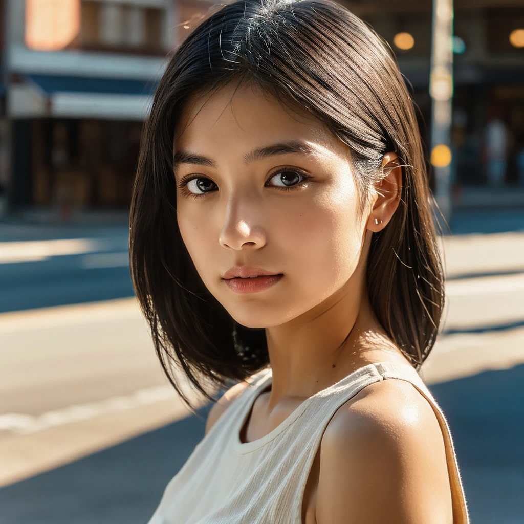 A hyper-realistic image of a single Japanese woman in her early 20s, captured from the shoulders up with the nostalgic warmth and subtle graininess of a film camera. She stands against the backdrop of a bustling city street, where soft, diffused natural light filters through buildings, casting intricate patterns of light and shadow across her face and shoulders. Her skin has a warm beige tone with a textured, realistic appearance, showing visible pores, fine lines, and natural imperfections like slight unevenness and small blemishes, adding to the authenticity of her appearance. Her straight, glossy black hair is slightly tousled, falling naturally around her shoulders, with strands catching the light. Her deep brown eyes reflect the ambient city lights, adding depth and emotion, while areas of her face are gently shadowed, highlighting the natural contours of her cheeks and jawline. The film camera effect introduces a slight grain and a softer focus, blending her figure into the warm, nostalgic urban atmosphere while maintaining the realistic texture of her skin. She is wearing a light, sleeveless summer top, with bare shoulders that subtly catch the natural light, emphasizing the season's warmth and her understated elegance. The interplay of light and shadow on her face and shoulders creates a dynamic, lifelike effect, making the image feel both authentic and captivating.