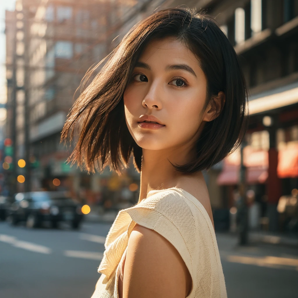 A hyper-realistic image of a single Japanese woman in her early 20s, captured from the shoulders up with the nostalgic warmth and subtle graininess of a film camera. She stands against the backdrop of a bustling city street, where soft, diffused natural light filters through buildings, casting intricate patterns of light and shadow across her face and shoulders. Her skin has a warm beige tone with a textured, realistic appearance, showing visible pores, fine lines, and natural imperfections like slight unevenness and small blemishes, adding to the authenticity of her appearance. Her straight, glossy black hair is slightly tousled, falling naturally around her shoulders, with strands catching the light. Her deep brown eyes reflect the ambient city lights, adding depth and emotion, while areas of her face are gently shadowed, highlighting the natural contours of her cheeks and jawline. The film camera effect introduces a slight grain and a softer focus, blending her figure into the warm, nostalgic urban atmosphere while maintaining the realistic texture of her skin. She is wearing a light, sleeveless summer top, with bare shoulders that subtly catch the natural light, emphasizing the season's warmth and her understated elegance. The interplay of light and shadow on her face and shoulders creates a dynamic, lifelike effect, making the image feel both authentic and captivating.