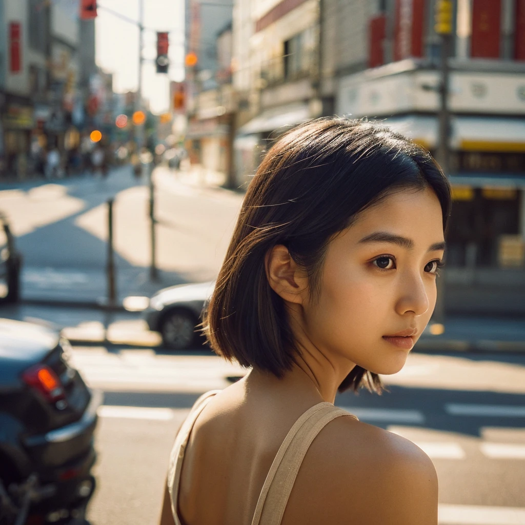 A hyper-realistic image of a single Japanese woman in her early 20s, captured from the shoulders up with the nostalgic warmth and subtle graininess of a film camera. She stands against the backdrop of a bustling city street, where soft, diffused natural light filters through buildings, casting intricate patterns of light and shadow across her face and shoulders. Her skin has a warm beige tone with a textured, realistic appearance, showing visible pores, fine lines, and natural imperfections like slight unevenness and small blemishes, adding to the authenticity of her appearance. Her straight, glossy black hair is slightly tousled, falling naturally around her shoulders, with strands catching the light. Her deep brown eyes reflect the ambient city lights, adding depth and emotion, while areas of her face are gently shadowed, highlighting the natural contours of her cheeks and jawline. The film camera effect introduces a slight grain and a softer focus, blending her figure into the warm, nostalgic urban atmosphere while maintaining the realistic texture of her skin. She is wearing a light, sleeveless summer top, with bare shoulders that subtly catch the natural light, emphasizing the season's warmth and her understated elegance. The interplay of light and shadow on her face and shoulders creates a dynamic, lifelike effect, making the image feel both authentic and captivating.