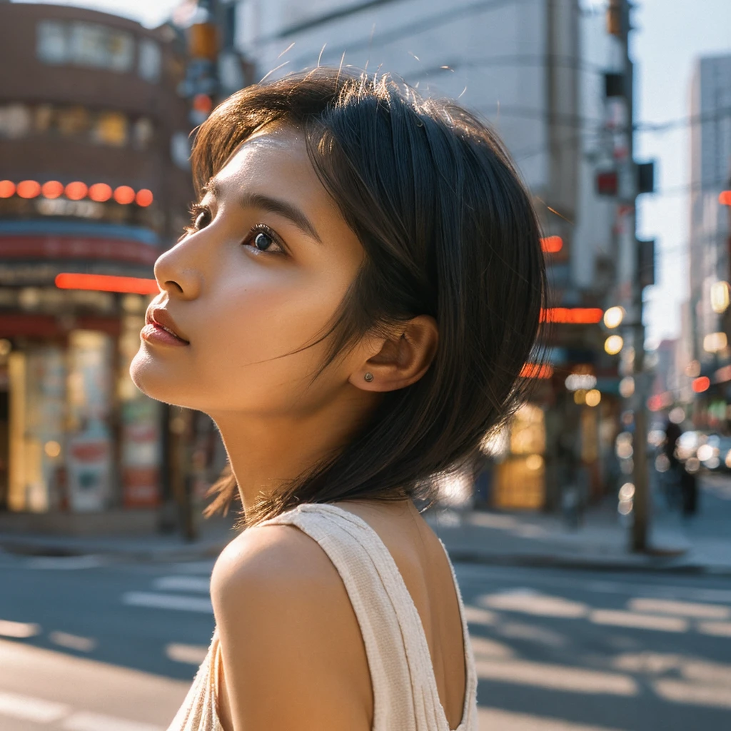 A hyper-realistic image of a single Japanese woman in her early 20s, captured from the shoulders up with the nostalgic warmth and subtle graininess of a film camera. She stands against the backdrop of a bustling city street, where soft, diffused natural light filters through buildings, casting intricate patterns of light and shadow across her face and shoulders. Her skin has a warm beige tone with a textured, realistic appearance, showing visible pores, fine lines, and natural imperfections like slight unevenness and small blemishes, adding to the authenticity of her appearance. Her straight, glossy black hair is slightly tousled, falling naturally around her shoulders, with strands catching the light. Her deep brown eyes reflect the ambient city lights, adding depth and emotion, while areas of her face are gently shadowed, highlighting the natural contours of her cheeks and jawline. The film camera effect introduces a slight grain and a softer focus, blending her figure into the warm, nostalgic urban atmosphere while maintaining the realistic texture of her skin. She is wearing a light, sleeveless summer top, with bare shoulders that subtly catch the natural light, emphasizing the season's warmth and her understated elegance. The interplay of light and shadow on her face and shoulders creates a dynamic, lifelike effect, making the image feel both authentic and captivating.