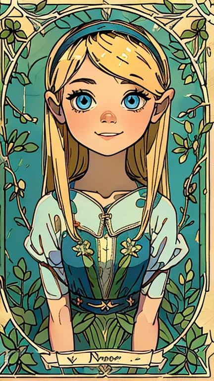 (1girl, solo, highly insanely detailed, masterpiece, top quality, best quality, highres, 4k, 8k, RAW photo),((innocent look)),((Childish)),From the front, symmetrical composition,smile,cute,Innocent,Kind eyes,Flat chest,ArsMJStyle, Art Nouveau Style, forest, vines, (penny peterson), (blonde hair, hairband, blue eyes)
(v1nedr3ss)