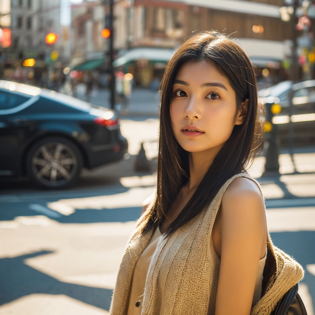 A hyper-realistic image of a single Japanese woman in her early 20s, captured from the shoulders up with the nostalgic warmth and subtle graininess of a film camera. She stands against the backdrop of a bustling city street, where soft, diffused natural light filters through buildings, casting intricate patterns of light and shadow across her face and shoulders. Her skin has a warm beige tone with a textured, realistic appearance, showing visible pores, fine lines, and natural imperfections like slight unevenness and small blemishes, adding to the authenticity of her appearance. Her straight, glossy black hair is slightly tousled, falling naturally around her shoulders, with strands catching the light. Her deep brown eyes reflect the ambient city lights, adding depth and emotion, while areas of her face are gently shadowed, highlighting the natural contours of her cheeks and jawline. The film camera effect introduces a slight grain and a softer focus, blending her figure into the warm, nostalgic urban atmosphere while maintaining the realistic texture of her skin. She is wearing a light, sleeveless summer top, with bare shoulders that subtly catch the natural light, emphasizing the season's warmth and her understated elegance. The interplay of light and shadow on her face and shoulders creates a dynamic, lifelike effect, making the image feel both authentic and captivating.