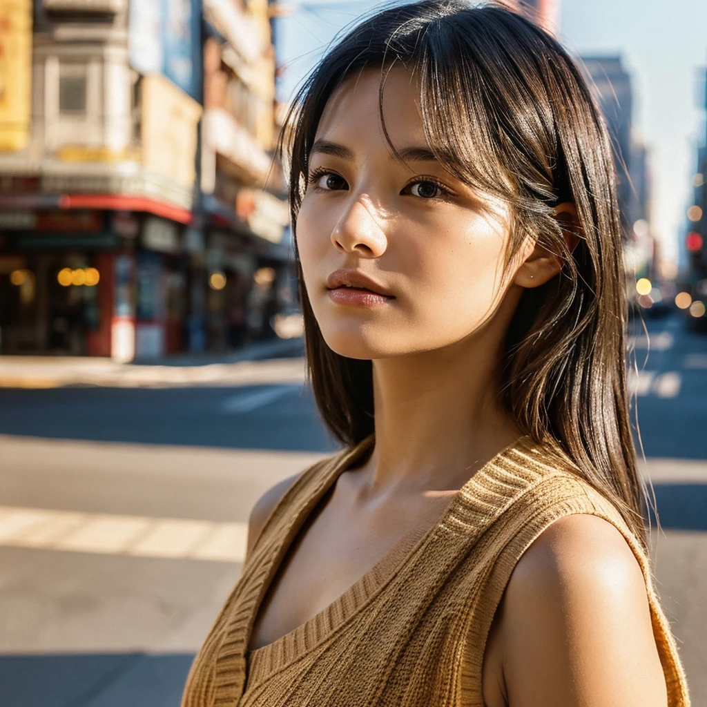 A hyper-realistic image of a single Japanese woman in her early 20s, captured from the shoulders up with the nostalgic warmth and subtle graininess of a film camera. She stands against the backdrop of a bustling city street, where soft, diffused natural light filters through buildings, casting intricate patterns of light and shadow across her face and shoulders. Her skin has a warm beige tone with a textured, realistic appearance, showing visible pores, fine lines, and natural imperfections like slight unevenness and small blemishes, adding to the authenticity of her appearance. Her straight, glossy black hair is slightly tousled, falling naturally around her shoulders, with strands catching the light. Her deep brown eyes reflect the ambient city lights, adding depth and emotion, while areas of her face are gently shadowed, highlighting the natural contours of her cheeks and jawline. The film camera effect introduces a slight grain and a softer focus, blending her figure into the warm, nostalgic urban atmosphere while maintaining the realistic texture of her skin. She is wearing a light, sleeveless summer top, with bare shoulders that subtly catch the natural light, emphasizing the season's warmth and her understated elegance. The interplay of light and shadow on her face and shoulders creates a dynamic, lifelike effect, making the image feel both authentic and captivating.