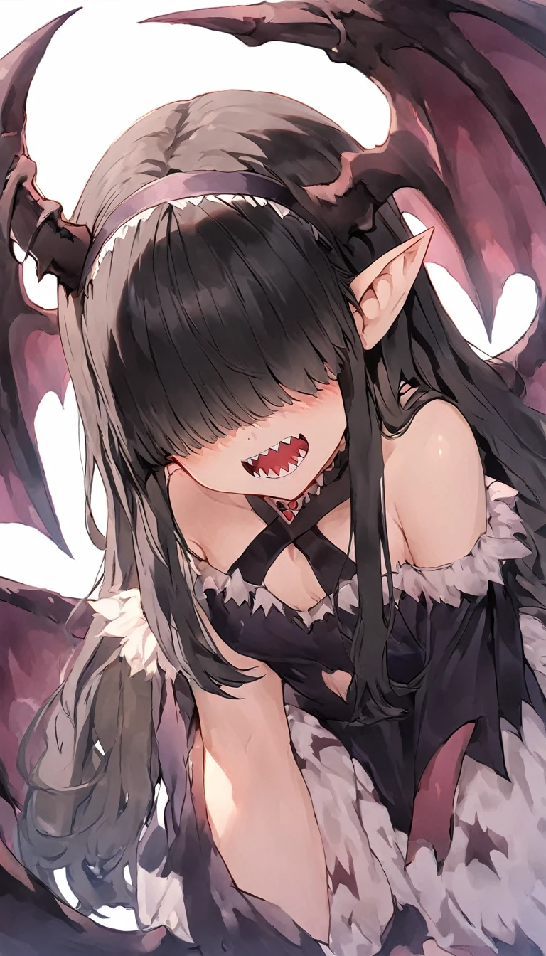 Rosto detalhado, grandes olhos, sharp teeth, hair over eyes, hairband, demon horns, demon wings, long hair, pointy ears, elf, black hair, corpo inteiro undefined, undefined, 