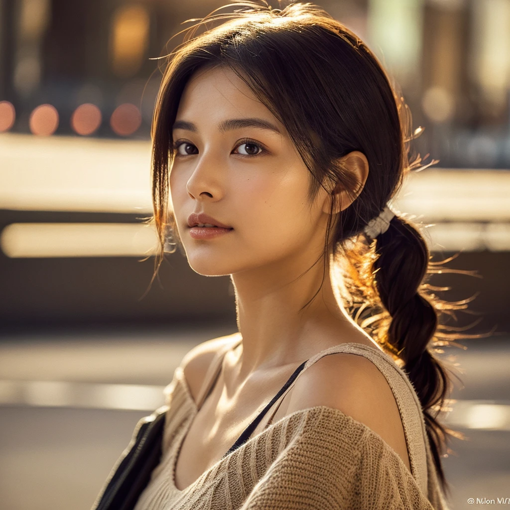 A hyper-realistic image of a single Japanese woman in her early 20s, captured from the shoulders up with the nostalgic warmth and subtle graininess of a film camera. She stands against the backdrop of a bustling city street, where soft, diffused natural light filters through buildings, casting intricate patterns of light and shadow across her face and shoulders. Her skin has a warm beige tone with a textured, realistic appearance, showing visible pores, fine lines, and natural imperfections like slight unevenness and small blemishes, adding to the authenticity of her appearance. Her straight, glossy black hair is slightly tousled, falling naturally around her shoulders, with strands catching the light. Her deep brown eyes reflect the ambient city lights, adding depth and emotion, while areas of her face are gently shadowed, highlighting the natural contours of her cheeks and jawline. The film camera effect introduces a slight grain and a softer focus, blending her figure into the warm, nostalgic urban atmosphere while maintaining the realistic texture of her skin. She is wearing a light, sleeveless summer top, with bare shoulders that subtly catch the natural light, emphasizing the season's warmth and her understated elegance. The interplay of light and shadow on her face and shoulders creates a dynamic, lifelike effect, making the image feel both authentic and captivating.