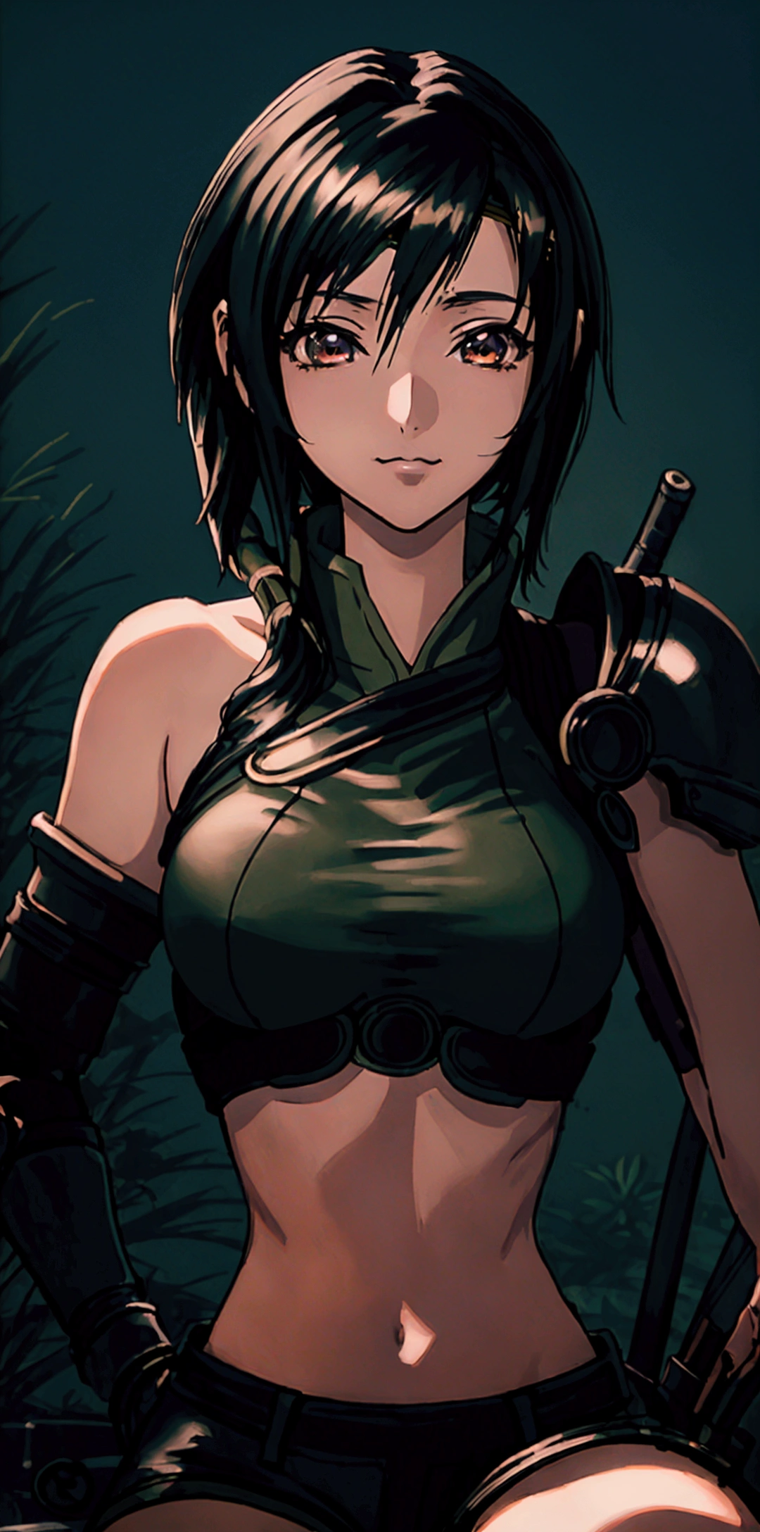 (((masterpiece))),((Highest quality、masterpiece、anime style、best quality、high resolution、8k、detailed、ultra-detailed:1.3)),Beautiful woman,((yuffie kisaragi,Black Hair、Shortcuts:1.3)), headband, green crop top, shoulder armor, armguard, fingerless gloves, tan shorts, single thighhigh, fishnets, upper body, looking at viewer, furrowed brow, smug smile, closed mouth, grass, bamboo, sky,sexy pose