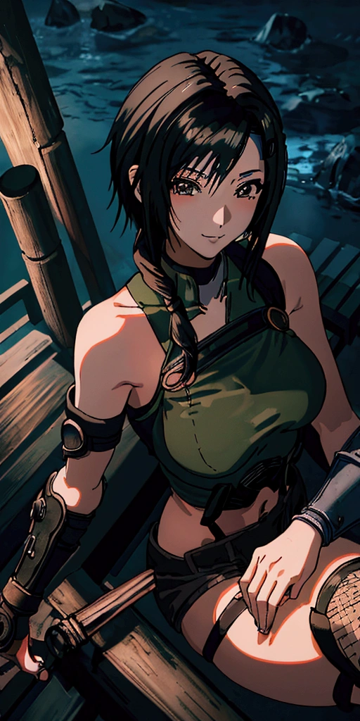 (((masterpiece))),((Highest quality、masterpiece、anime style、best quality、high resolution、8k、detailed、ultra-detailed:1.3)),Beautiful woman,((yuffie kisaragi,Black Hair、Shortcuts:1.3)), headband, green crop top, shoulder armor, armguard, fingerless gloves, tan shorts, single thighhigh, fishnets, upper body, looking at viewer, furrowed brow, smug smile, closed mouth, grass, bamboo, sky,sexy pose