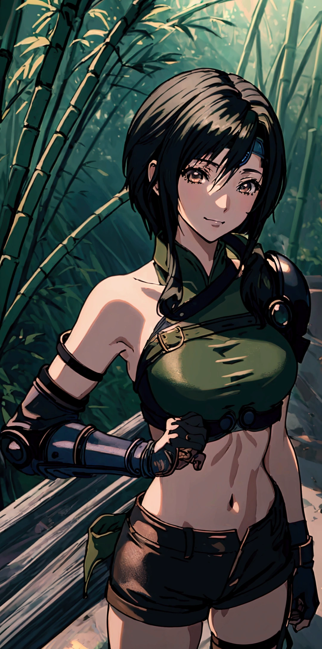 (((masterpiece))),((Highest quality、masterpiece、anime style、best quality、high resolution、8k、detailed、ultra-detailed:1.3)),Beautiful woman,((yuffie kisaragi,Black Hair、Shortcuts:1.3)), headband, green crop top, shoulder armor, armguard, fingerless gloves, tan shorts, single thighhigh, fishnets, upper body, looking at viewer, furrowed brow, smug smile, closed mouth, grass, bamboo, sky,sexy pose