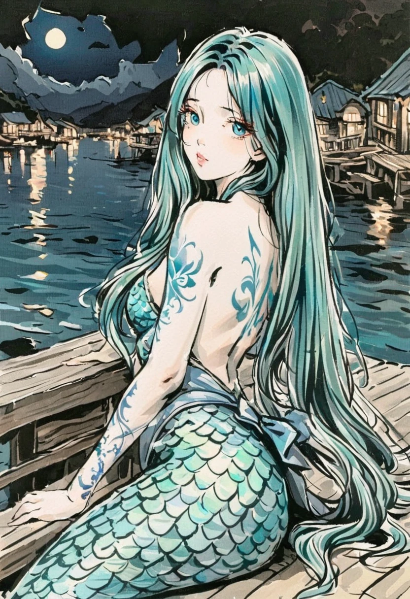 a mermaid ,expressive eyes, very long hair lagoon color, tattoo on a large part of the body ,armed with a bow, in the center of a lake night time in background, detail richness, masterpiece, best quality, painting style