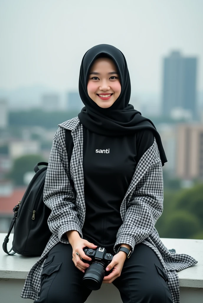 a beautiful Indonesian woman, smooth white skin, well-groomed face,wearing a white hijab in a modern style,wearing a purple eggplant hoodie knit with the name Santi logo . celana Cropped coklat ala kekininan Banyak kantong nya, smiled faintly,white shoes,black watch, posing standing next to a beautiful and profusely blooming eggplant purple orchid. The background of the beautiful orchid flower garden is very amazing .Realistic original photo