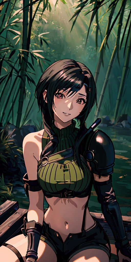 (((masterpiece))),((Highest quality、masterpiece、anime style、best quality、high resolution、8k、detailed、ultra-detailed:1.3)),Beautiful woman,((yuffie kisaragi,Black Hair、Shortcuts:1.3)), headband, green crop top, shoulder armor, armguard, fingerless gloves, tan shorts, single thighhigh, fishnets, upper body, looking at viewer, furrowed brow, smug smile, closed mouth, grass, bamboo, sky,sexy pose