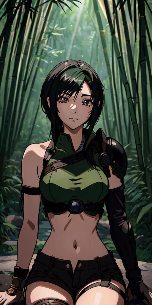 (((masterpiece))),((Highest quality、masterpiece、anime style、best quality、high resolution、8k、detailed、ultra-detailed:1.3)),Beautiful woman,((yuffie kisaragi,Black Hair、Shortcuts:1.3)), headband, green crop top, shoulder armor, armguard, fingerless gloves, tan shorts, single thighhigh, fishnets, upper body, looking at viewer, furrowed brow, smug smile, closed mouth, grass, bamboo, sky,sexy pose