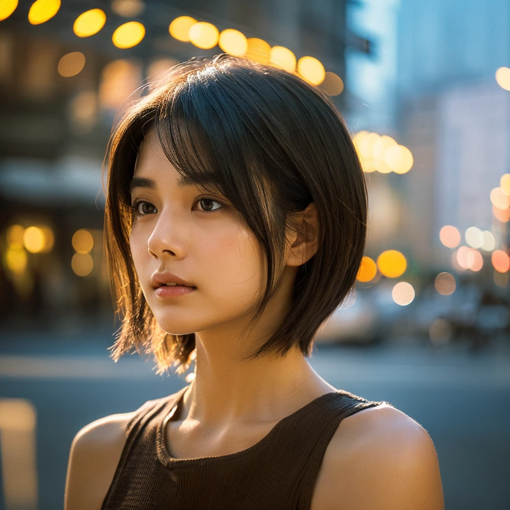 A hyper-realistic image of a single Japanese woman in her early 20s, captured from the shoulders up with the nostalgic warmth and subtle graininess of a film camera. She stands against the backdrop of a bustling city street, where soft, diffused natural light filters through buildings, casting intricate patterns of light and shadow across her face and shoulders. Her skin has a warm beige tone with a textured, realistic appearance, showing visible pores, fine lines, and natural imperfections like slight unevenness and small blemishes, adding to the authenticity of her appearance. Her straight, glossy black hair is slightly tousled, falling naturally around her shoulders, with strands catching the light. Her deep brown eyes reflect the ambient city lights, adding depth and emotion, while areas of her face are gently shadowed, highlighting the natural contours of her cheeks and jawline. The film camera effect introduces a slight grain and a softer focus, blending her figure into the warm, nostalgic urban atmosphere while maintaining the realistic texture of her skin. She is wearing a light, sleeveless summer top, with bare shoulders that subtly catch the natural light, emphasizing the season's warmth and her understated elegance. The interplay of light and shadow on her face and shoulders creates a dynamic, lifelike effect, making the image feel both authentic and captivating.