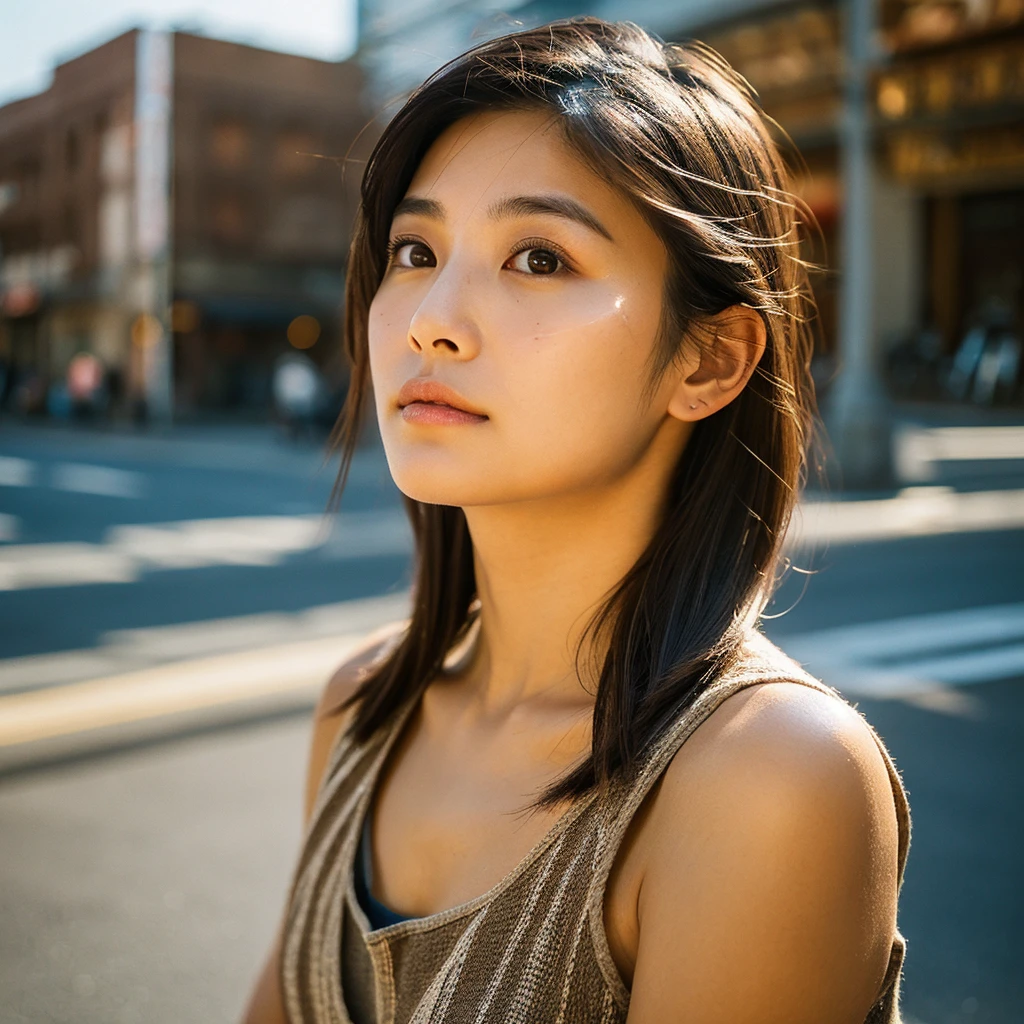 A hyper-realistic image of a single Japanese woman in her early 20s, captured from the shoulders up with the nostalgic warmth and subtle graininess of a film camera. She stands against the backdrop of a bustling city street, where soft, diffused natural light filters through buildings, casting intricate patterns of light and shadow across her face and shoulders. Her skin has a warm beige tone with a textured, realistic appearance, showing visible pores, fine lines, and natural imperfections like slight unevenness and small blemishes, adding to the authenticity of her appearance. Her straight, glossy black hair is slightly tousled, falling naturally around her shoulders, with strands catching the light. Her deep brown eyes reflect the ambient city lights, adding depth and emotion, while areas of her face are gently shadowed, highlighting the natural contours of her cheeks and jawline. The film camera effect introduces a slight grain and a softer focus, blending her figure into the warm, nostalgic urban atmosphere while maintaining the realistic texture of her skin. She is wearing a light, sleeveless summer top, with bare shoulders that subtly catch the natural light, emphasizing the season's warmth and her understated elegance. The interplay of light and shadow on her face and shoulders creates a dynamic, lifelike effect, making the image feel both authentic and captivating.