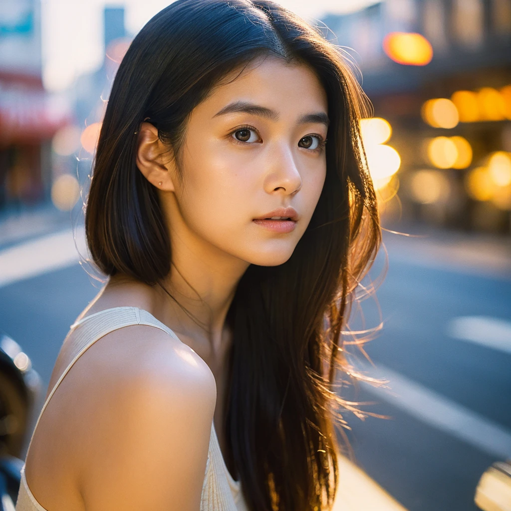 A hyper-realistic image of a single Japanese woman in her early 20s, captured from the shoulders up with the nostalgic warmth and subtle graininess of a film camera. She stands against the backdrop of a bustling city street, where soft, diffused natural light filters through buildings, casting intricate patterns of light and shadow across her face and shoulders. Her skin has a warm beige tone with a textured, realistic appearance, showing visible pores, fine lines, and natural imperfections like slight unevenness and small blemishes, adding to the authenticity of her appearance. Her straight, glossy black hair is slightly tousled, falling naturally around her shoulders, with strands catching the light. Her deep brown eyes reflect the ambient city lights, adding depth and emotion, while areas of her face are gently shadowed, highlighting the natural contours of her cheeks and jawline. The film camera effect introduces a slight grain and a softer focus, blending her figure into the warm, nostalgic urban atmosphere while maintaining the realistic texture of her skin. She is wearing a light, sleeveless summer top, with bare shoulders that subtly catch the natural light, emphasizing the season's warmth and her understated elegance. The interplay of light and shadow on her face and shoulders creates a dynamic, lifelike effect, making the image feel both authentic and captivating.