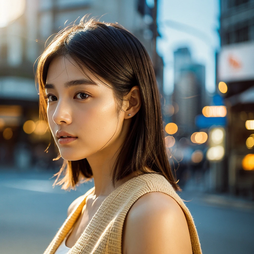 A hyper-realistic image of a single Japanese woman in her early 20s, captured from the shoulders up with the nostalgic warmth and subtle graininess of a film camera. She stands against the backdrop of a bustling city street, where soft, diffused natural light filters through buildings, casting intricate patterns of light and shadow across her face and shoulders. Her skin has a warm beige tone with a textured, realistic appearance, showing visible pores, fine lines, and natural imperfections like slight unevenness and small blemishes, adding to the authenticity of her appearance. Her straight, glossy black hair is slightly tousled, falling naturally around her shoulders, with strands catching the light. Her deep brown eyes reflect the ambient city lights, adding depth and emotion, while areas of her face are gently shadowed, highlighting the natural contours of her cheeks and jawline. The film camera effect introduces a slight grain and a softer focus, blending her figure into the warm, nostalgic urban atmosphere while maintaining the realistic texture of her skin. She is wearing a light, sleeveless summer top, with bare shoulders that subtly catch the natural light, emphasizing the season's warmth and her understated elegance. The interplay of light and shadow on her face and shoulders creates a dynamic, lifelike effect, making the image feel both authentic and captivating.